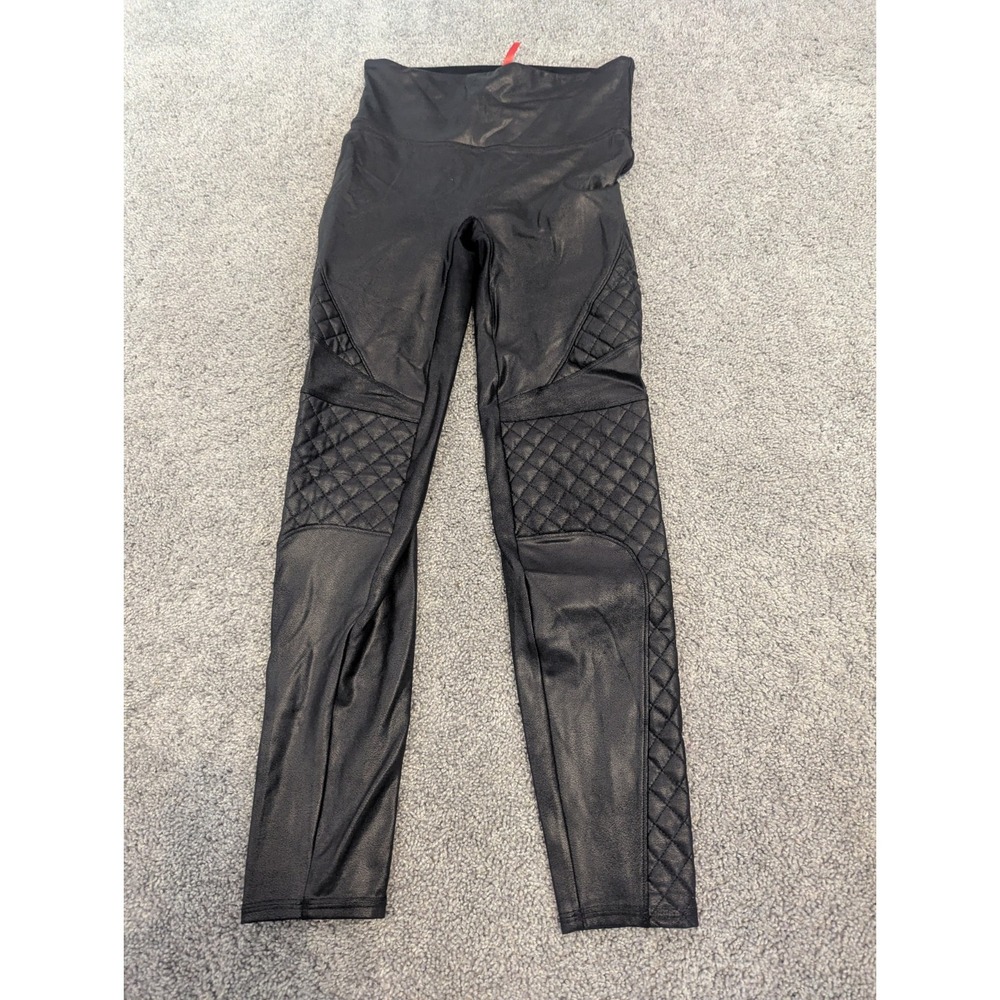 Spanx Leggings Womens M Black Vegan Faux Leather Moto Biker Chic Quilted Panels